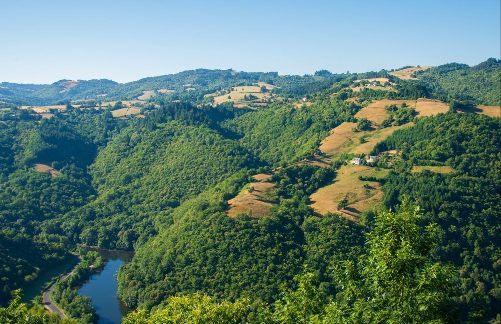 Paysage verdoyant et vallonné du Nord Aveyron sous une belle lumière de fin de journée près de Campuac
